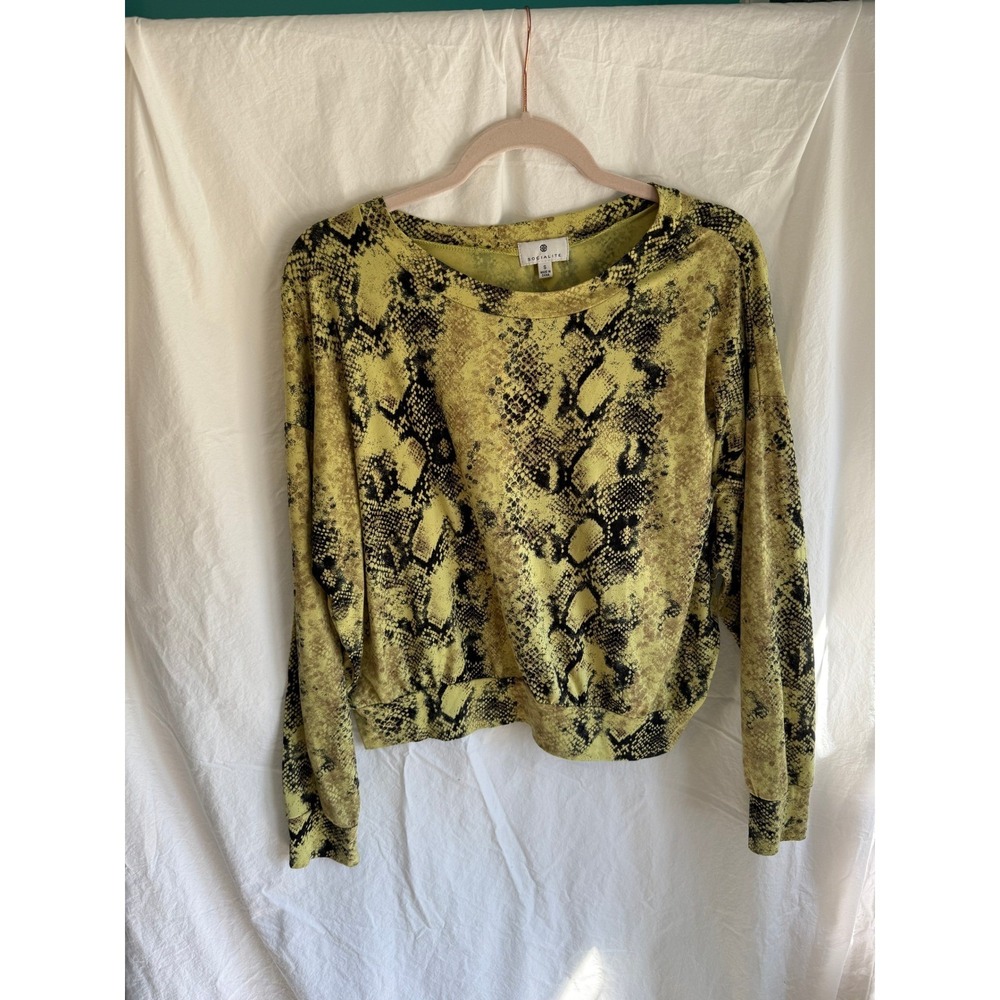 Socialite Womens Yellow Snakeskin Print Sweatshirt Crew Neck Long Sleeve Size S